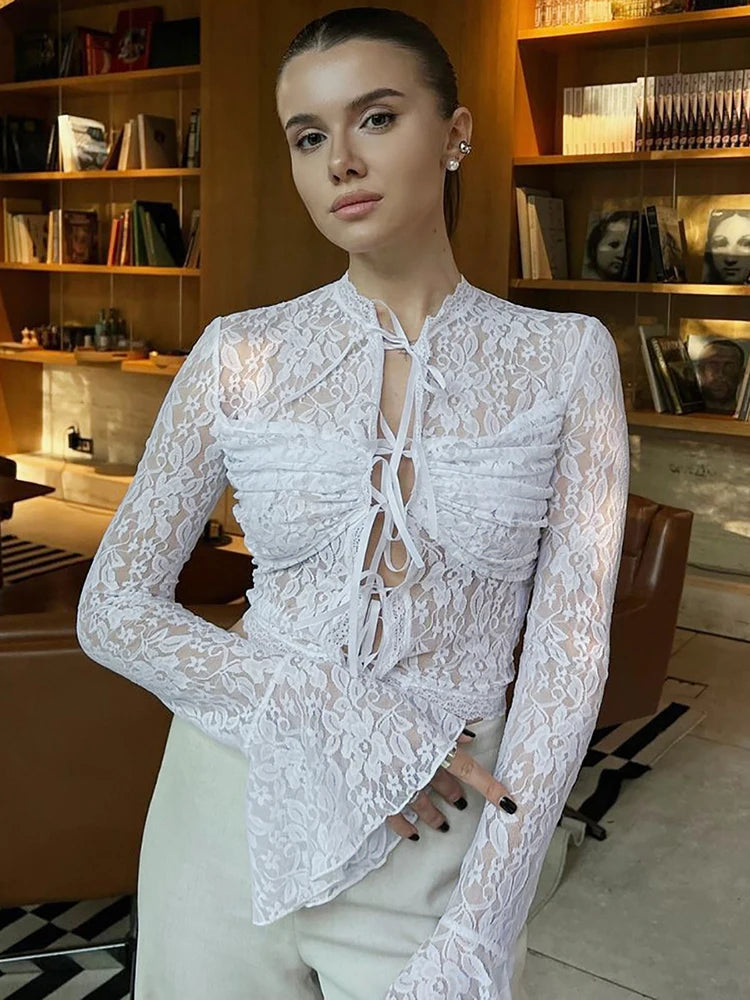 Sexy See Through Lace Women T-shirt White Long Sleeve Hollow Out T-shirt Female Autumn Slim Elegant Streetwear 2024