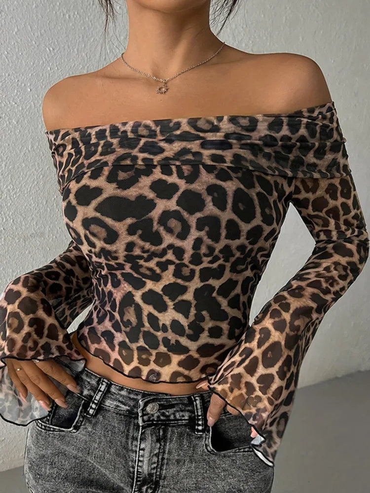 Sexy Off Shoulder Printed Leopard Women T-shirt Long Sleeve Casual Y2k T-shirt Female Winter Slim Elegant Streetwear