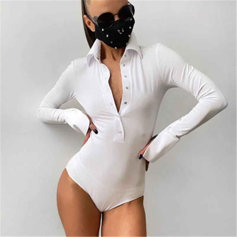 Button Long Sleeve Bodysuit For Women Turndown Collar Skinny Body Suit Sexy Black Fashion Streetwear Female Bodysuits