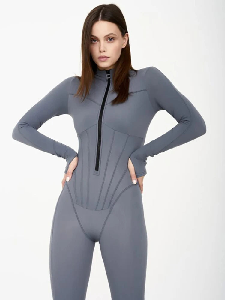 Turtleneck Winter Warm Zipper Women Jumpsuit Black Long Sleeve High Waist Playsuit Female Casual Yoga Sporty Clothing