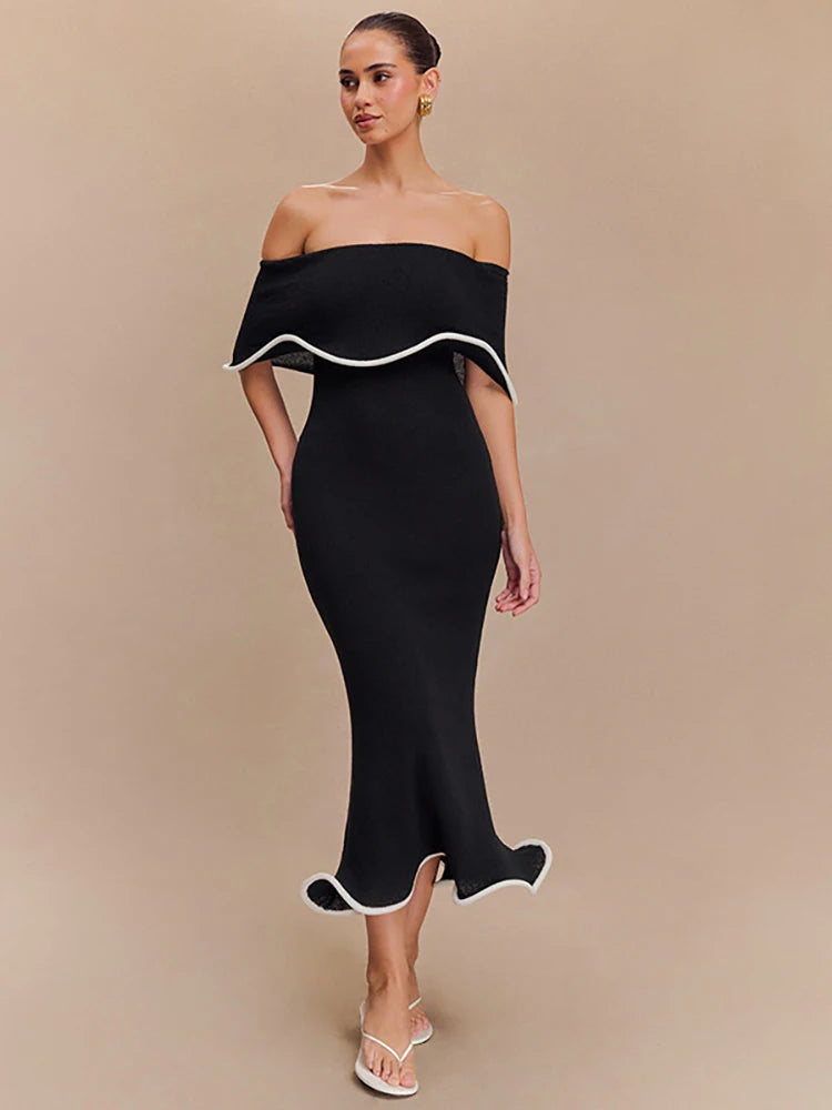 Patchwork Sexy Strapless Ruffles Women Midi Dress Black Backless High Waist Dress Spring Slim Elegant Party Clubwear