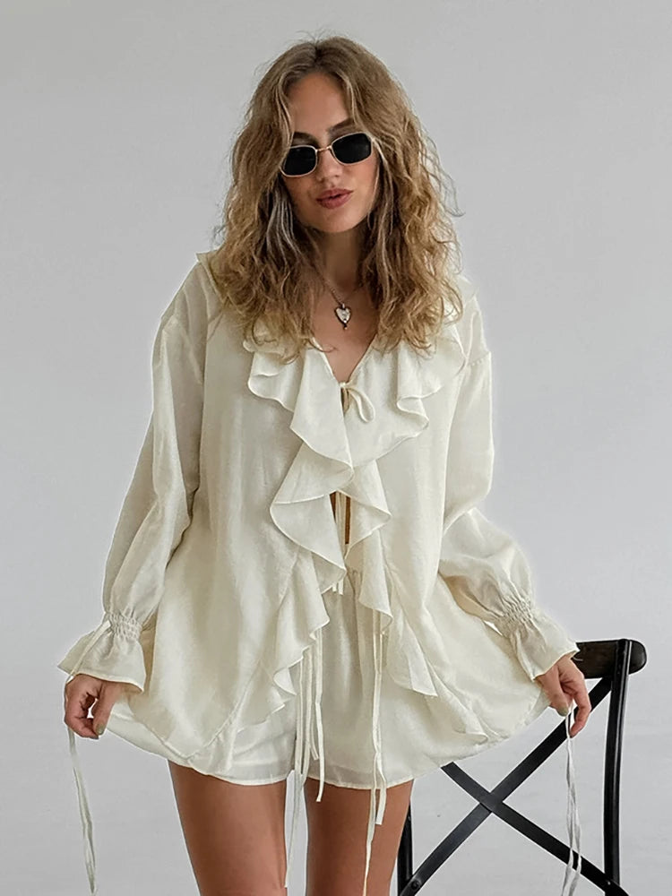 Sexy V-neck Ruffles Women Pant Suit Beige Long Sleeve Top Short Pant Set Female Spring Vacation Casual Two Piece Sets