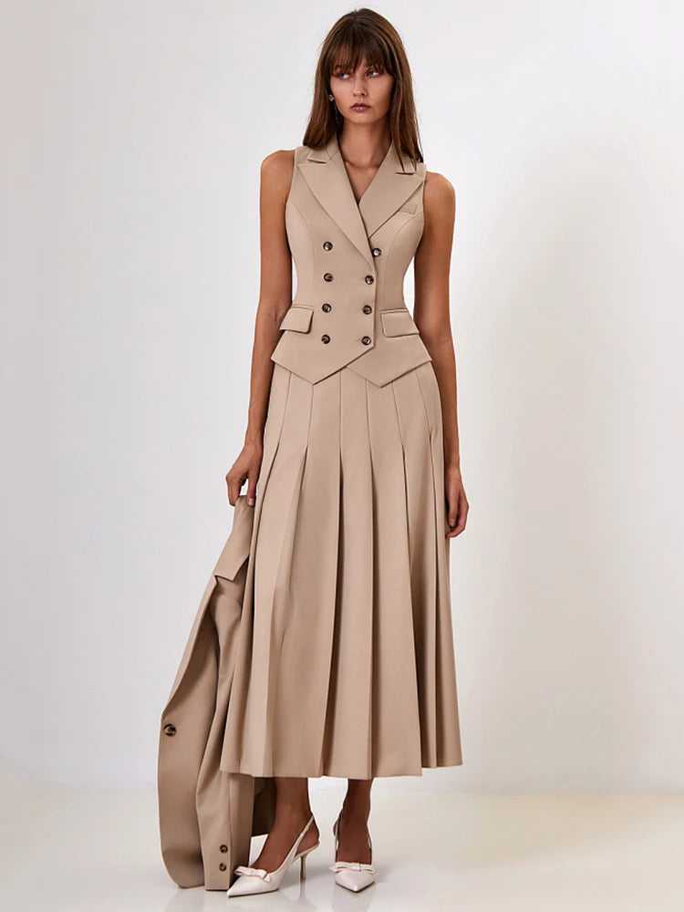 Notched Collar Pleated Skirt Suit Women Two Piece Sets Single Breasted Vest High Slit Skirt Autumn Official Skirt Set