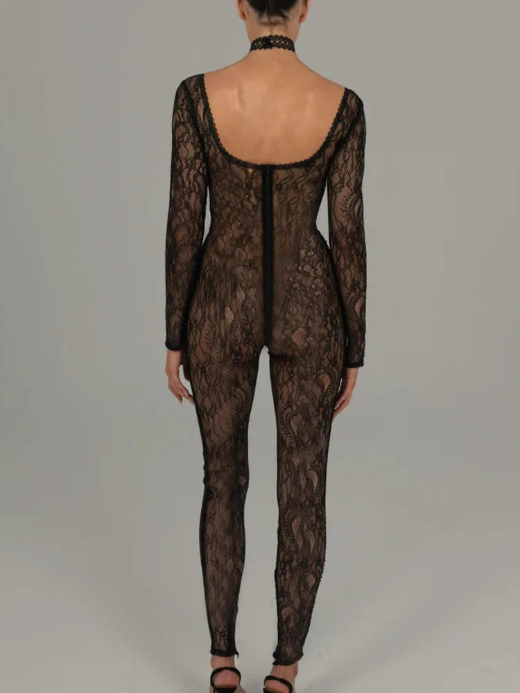 Square-Neck Long Sleeve Lace See Through Sexy Jumpsuits One Piece Bodycon Autumn Rompers Club Party Outfits