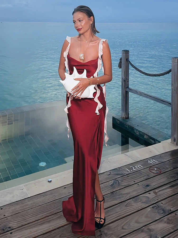 Sexy Backless High Slit Women Maxi Dress Red Spaghetti Strap Evening Dress Female Summer Slim Elegant Party Beachwear