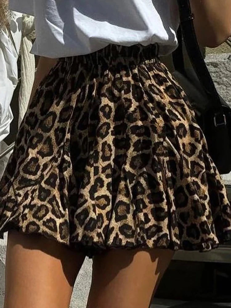 Printed Leopard A-line Pleated Women Skirt High Waist Ruffles Skirt Female Autumn Skinny Elegant Party Clubwear 2024