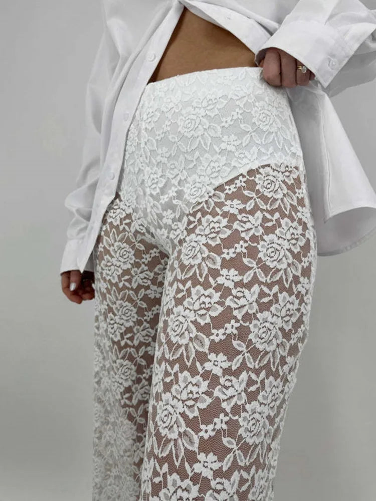 Summer See Through Lace High Waist Pants For Women Wide Leg Baggy Trousers Solid Fashion Straight Casual