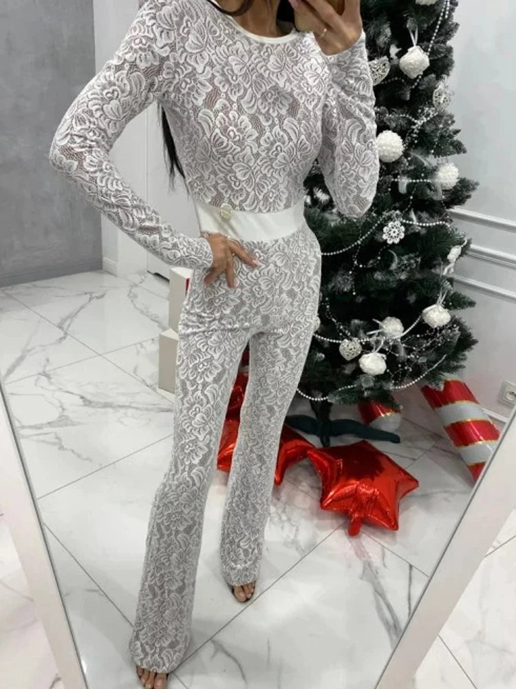 Elegant Round Neck Lace Women Jumpsuit Black Long Sleeve Print Floral Playsuit Female Winter Skinny Party Club Outfit