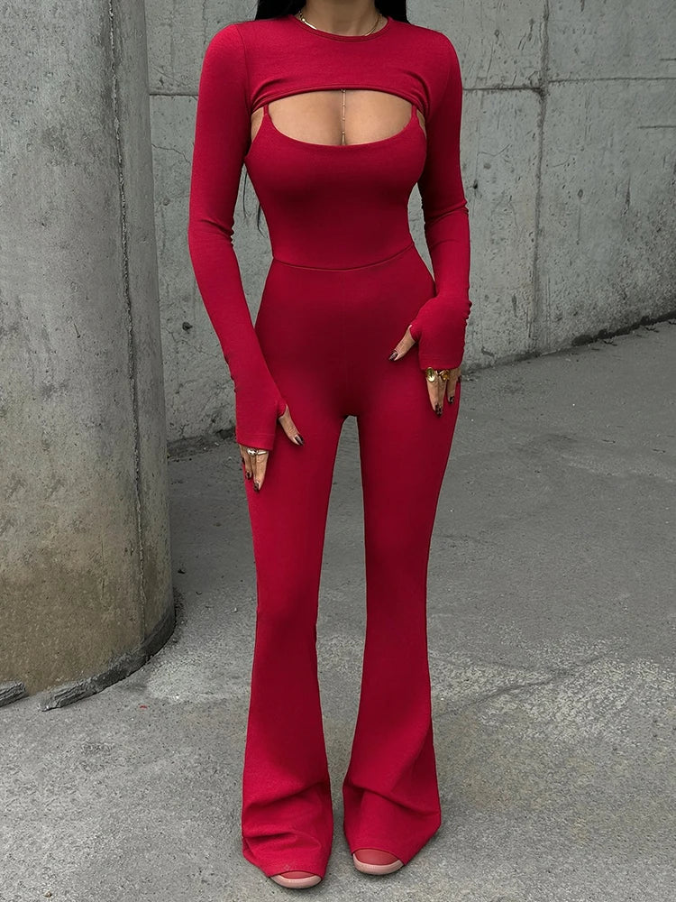 Bodycon Long Sleeve Two Piece Sets Women Jumpsuit Round Neck High Waist Playsuit Female Winter New Elegant Streetwear